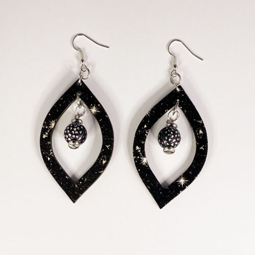 Black with Black Charm and Rhinestones - Leaf Dangle Earrings Main