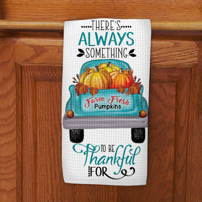 Pumpkin-Truck-Thankful-Teal-Tea-Towel-on-Cabinet-Door