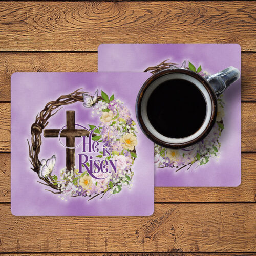 HeIsRisen-coffee-coaster-2-up-with-coffee