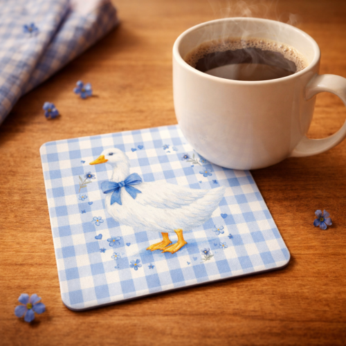 Cozy coffee scene with duck coaster